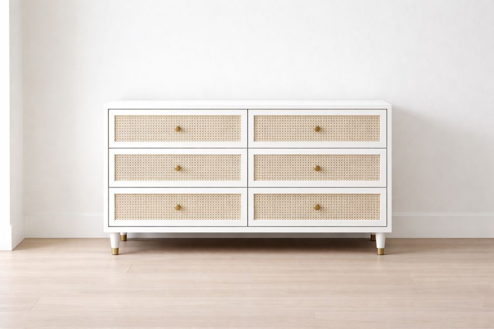 White Wooden Dresser with Six Cane Drawers