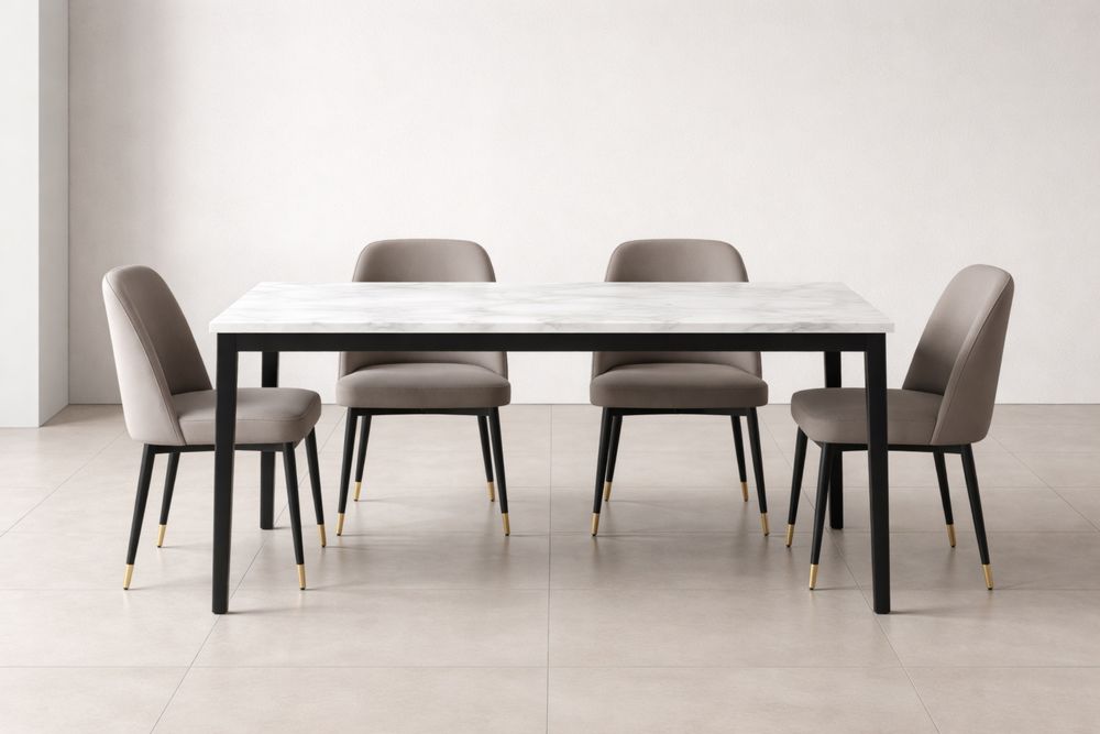 Dining Table Set with Rectangular Marble Top and Black Metal Frame, Taupe Upholstered Chairs