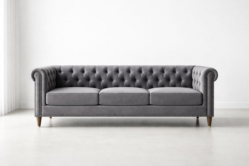Gray Fabric Chesterfield Sofa with Wooden Legs