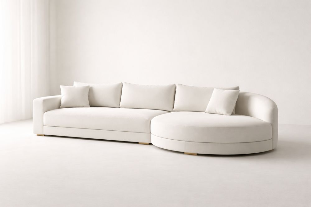 White Fabric Sectional Sofa with Round Chaise