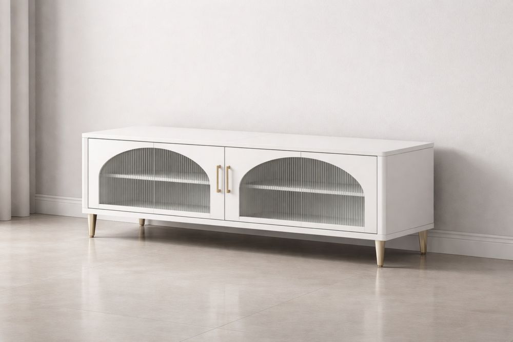 White Wooden TV Stand with Fluted Glass Doors and Gold Legs