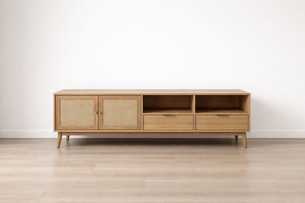Wooden TV Stand with Rattan Doors and Drawers