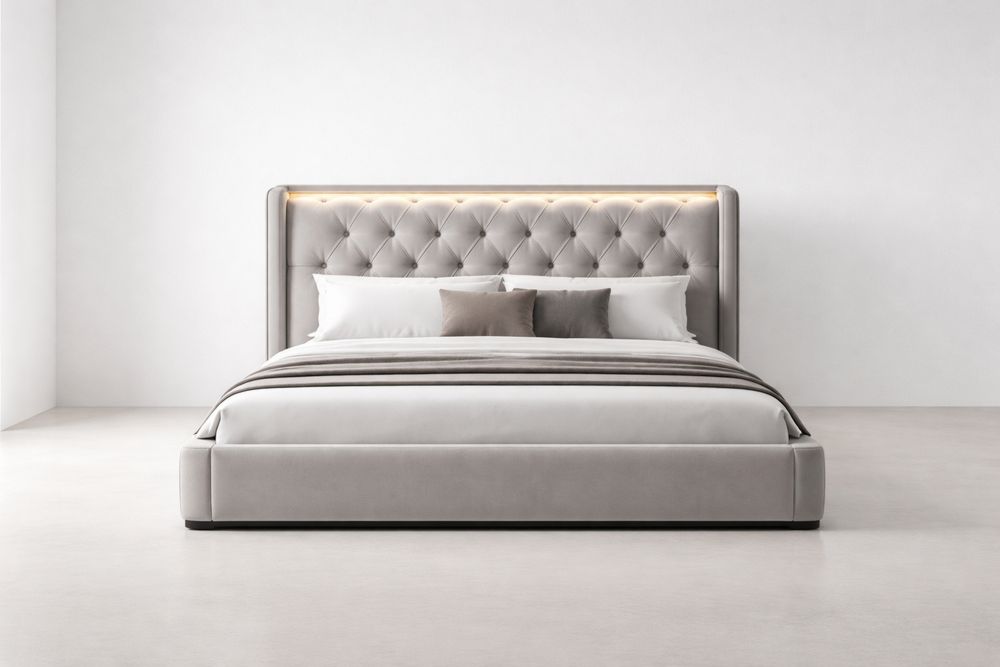 Velvet Upholstered with Tufted Headboard and LED Light Beige