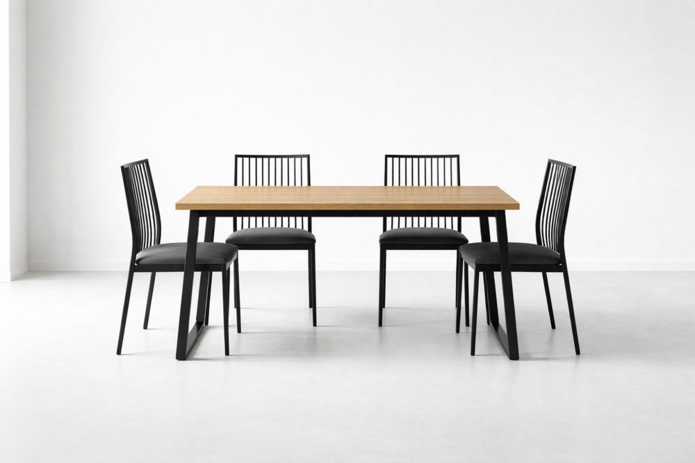 Wood Dining Table Set with Black Steel Frame and Cushioned Chairs
