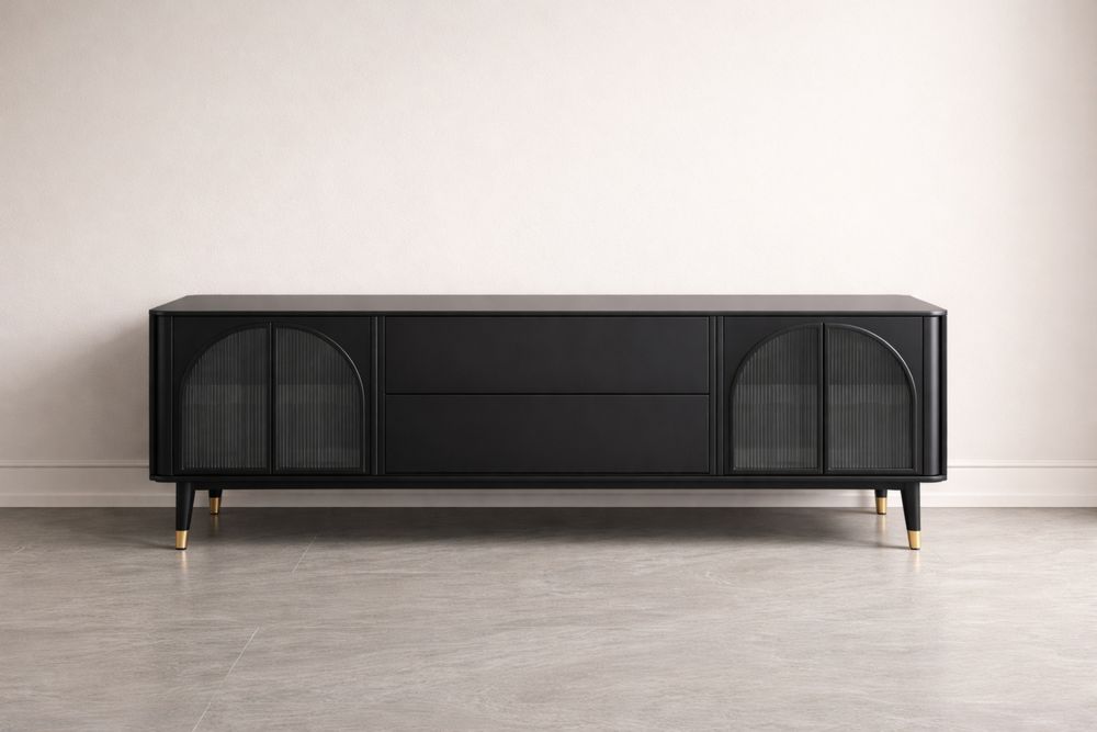 Black Wood Media Console with Tempered Glass Doors and Drawers