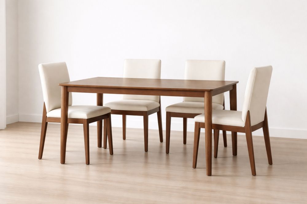 Dining Table Set with 4 Chairs Walnut Wood Beige Faux Leather