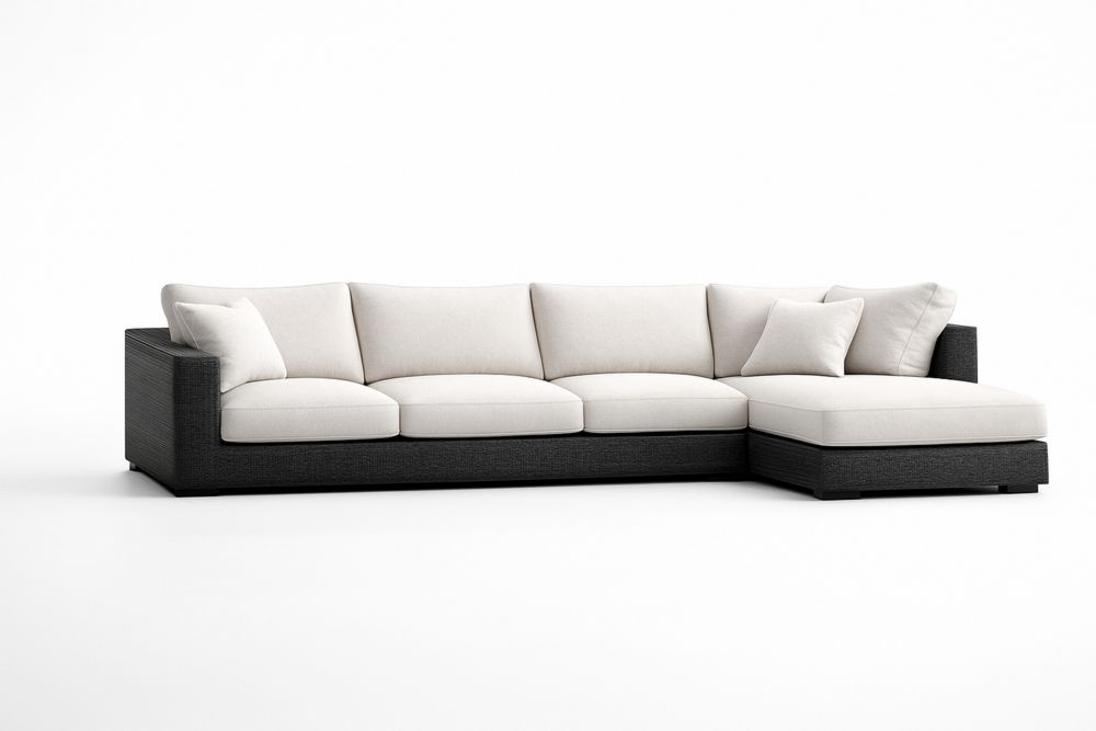 Sectional Sofa Set Beige Fabric Black Rattan L-Shaped