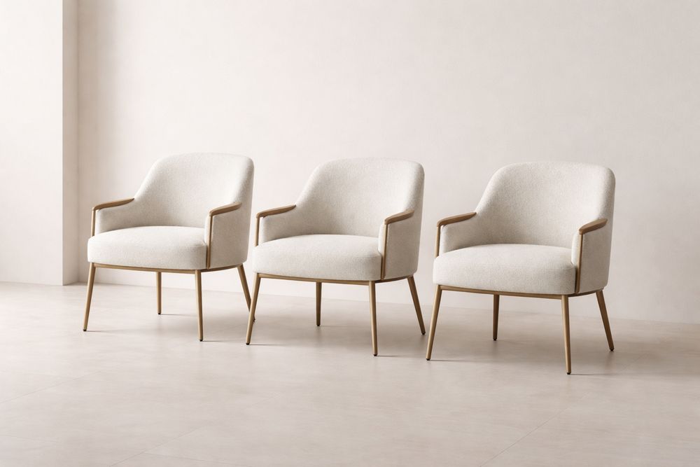 Set of 3 Beige Upholstered Armchairs with Metal Frame