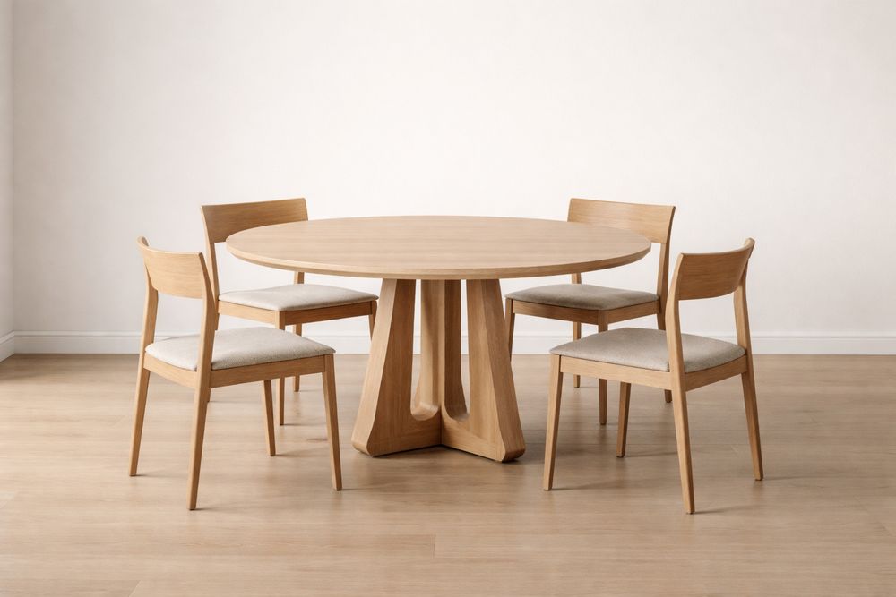 Solid Oak Round Dining Table Set with Four Chairs