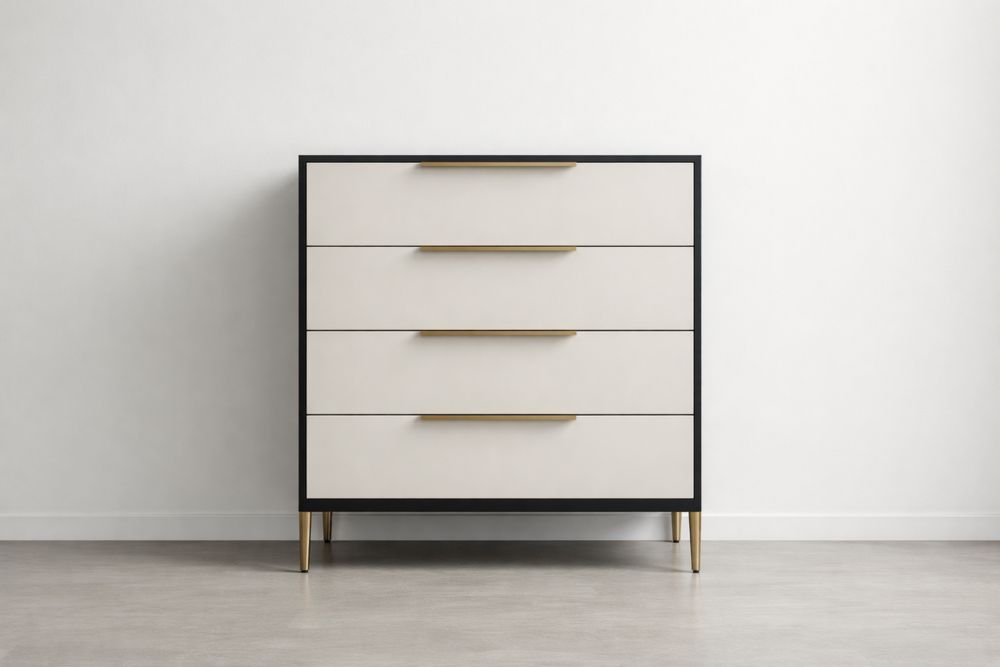 Four-Drawer Chest MDF White/Black with Gold Metal Accents