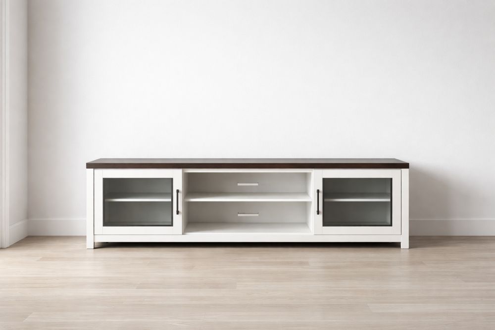 Wood TV Stand with Glass Doors White and Brown MDF