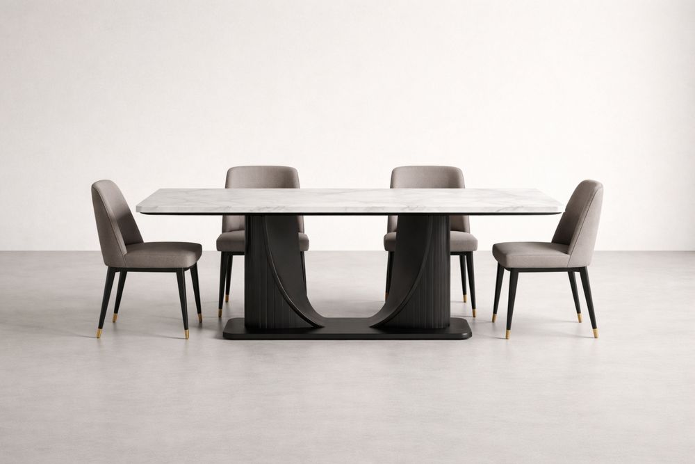 Rectangular Dining Table Set with Marble Top and Gray Upholstered Chairs