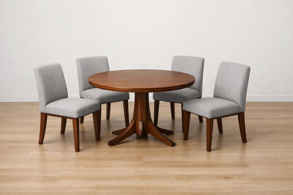 Round Wooden Dining Table Set with 4 Fabric Upholstered Chairs