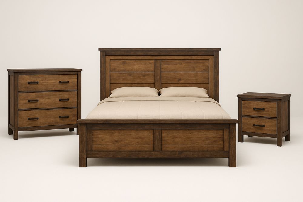 Conjunto de Móveis de Quarto de Casal Madeira Castanha Cama Gaveteiro Mesinha