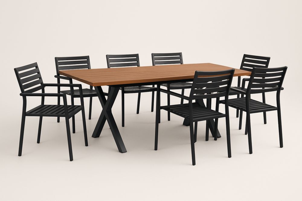 Conjunto de Mesa Retangular em Madeira de lei com 7 Cadeiras em Aço Preto 160x90x75(C×L×A)cm