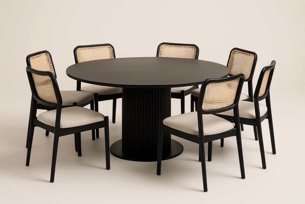 Conjunto de mesa redonda em MDF preto com 7 cadeiras de madeira de carvalho e rattan
