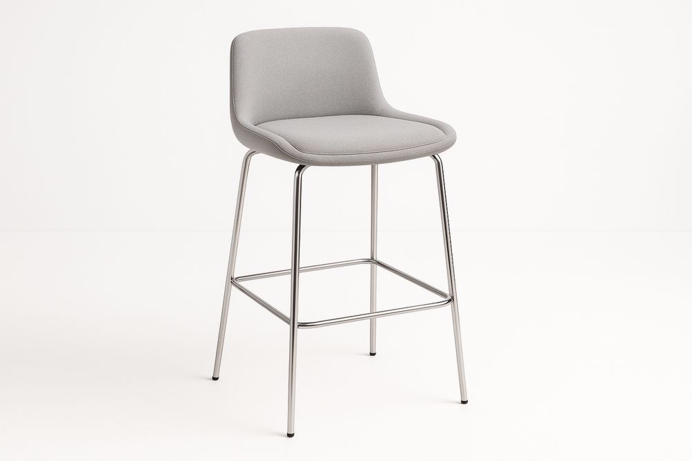 Banqueta de Bar Alta com Assento em Tecido de Poliéster Cinza e Estrutura em Aço Cromado