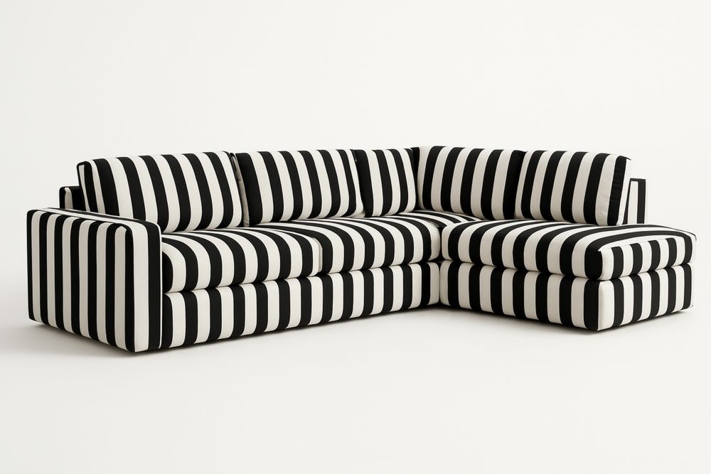 Sofá Seccional Listrado em Madeira Maciça e Tecido de Poliéster Preto e Branco