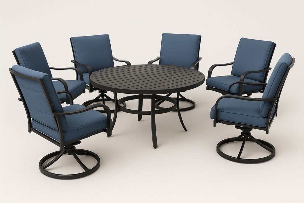 Conjunto de Jantar com Mesa de Alumínio e 6 Cadeiras com Almofadas Azuis