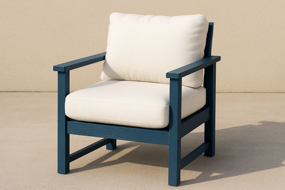 Poltrona para exterior com almofadas de poliéster azul e creme