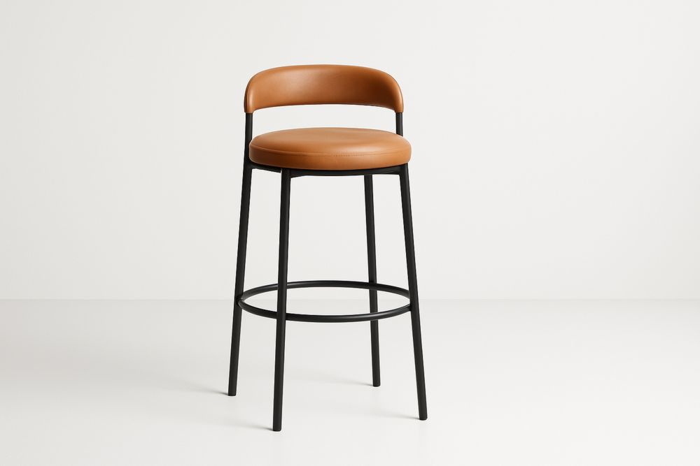 Banqueta de Bar Alta com Encosto, Assento em Couro PU Marrom e Estrutura em Aço Preta