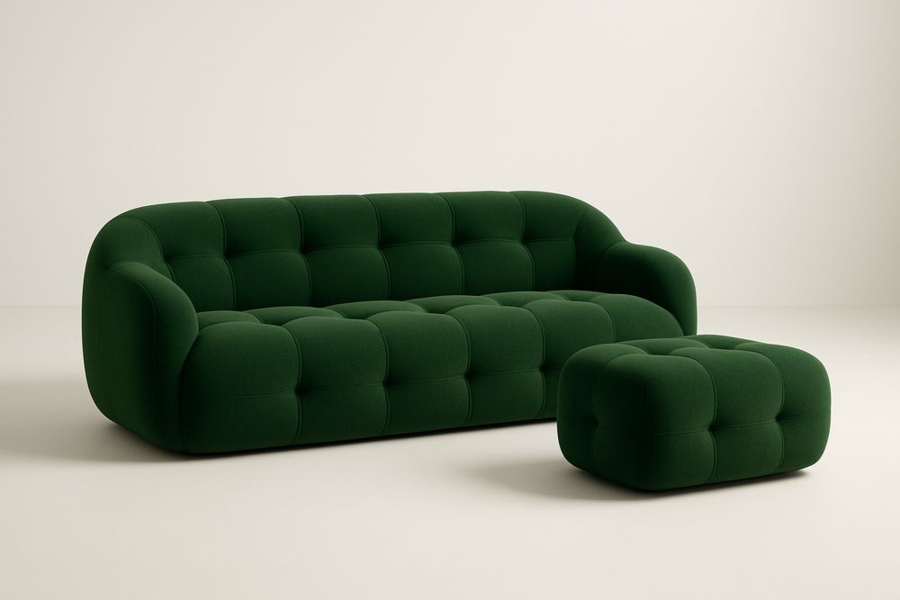 Conjunto Sofá e Pufe em Tecido Poliéster Verde