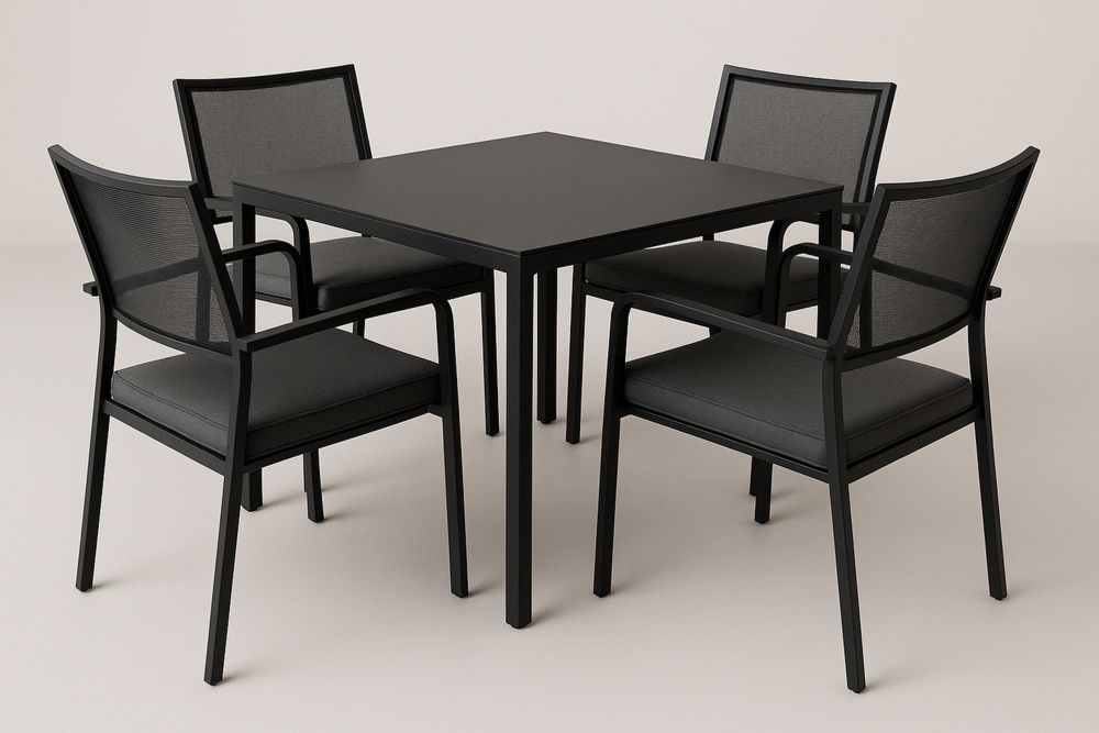 Conjunto Mesa Preta com 4 Cadeiras de Aço e Tela Poliéster