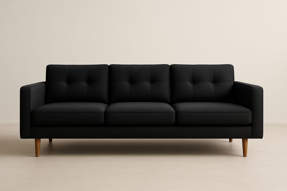 Sofá 3 Lugares Tecido Poliéster Preto Estrutura Madeira maciça