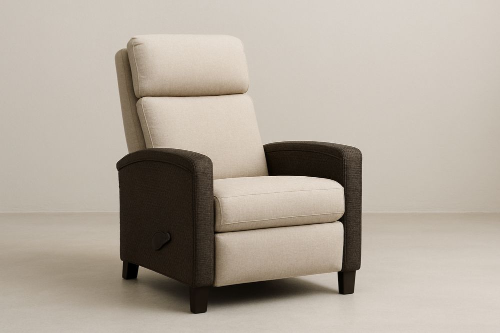 Poltrona Reclinável de Madeira Maciçae Tecido poliéster Bege e Marrom