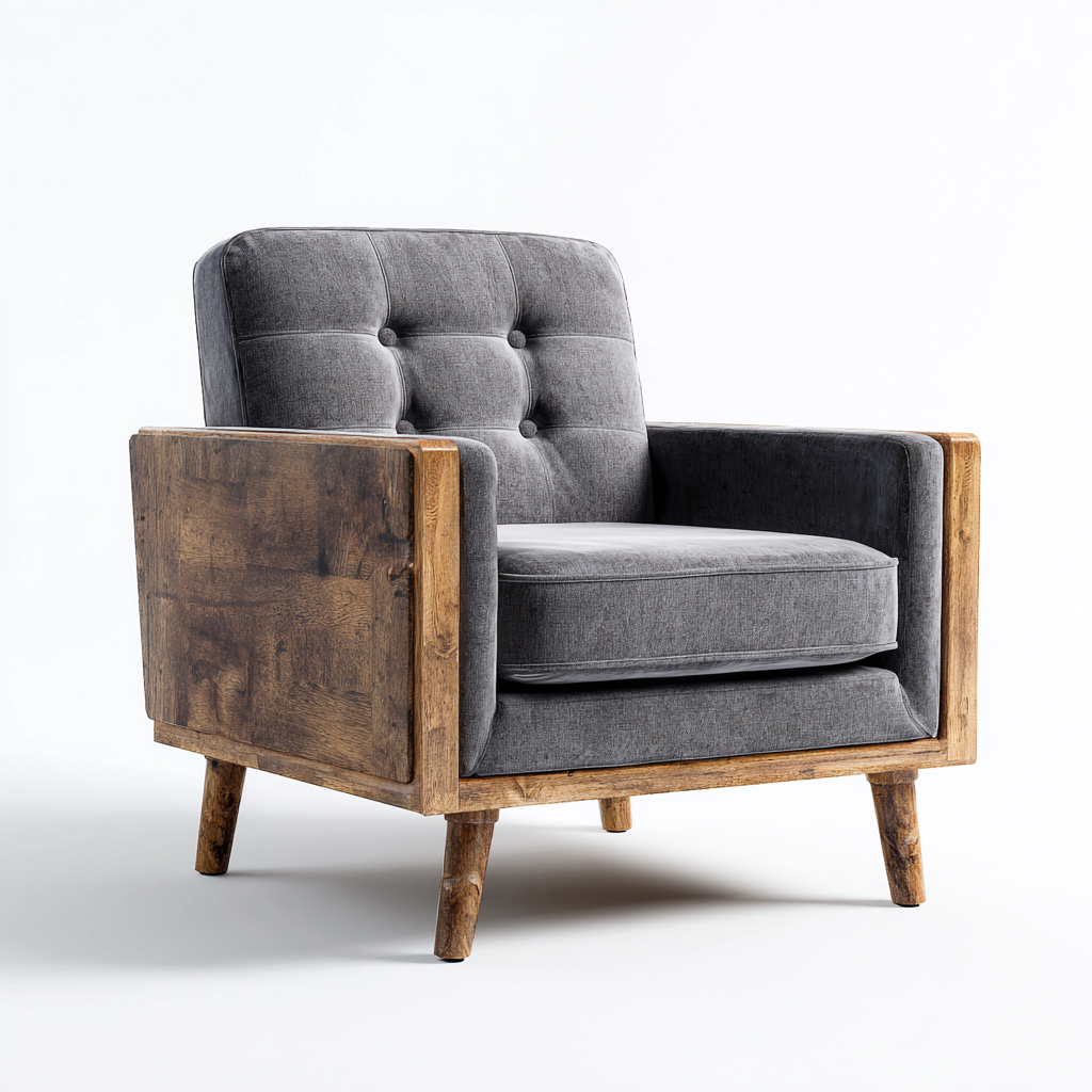 Fauteuil en tissu et bois 80x85x80 cm - gris foncé-bois naturel - assise intérieure contemporaine-Falinzadecor