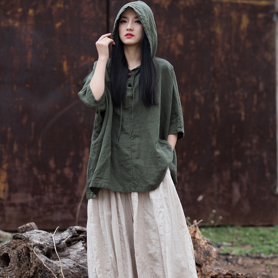 文藝唯美 · 「復古苧麻衫」舒適連帽半袖T卹