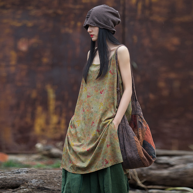 夏日文藝 · 「禪意吊帶裙」純棉印花砂洗做舊連身裙