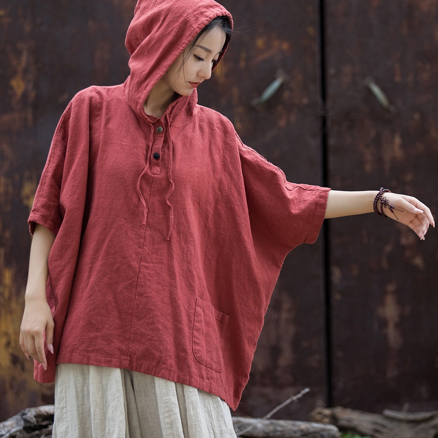 文藝唯美 · 「復古苧麻衫」舒適連帽半袖T卹