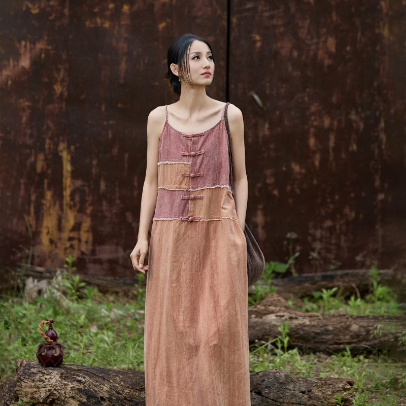 清涼飄逸 · 「紮染長裙」拼接設計女吊帶洋裝