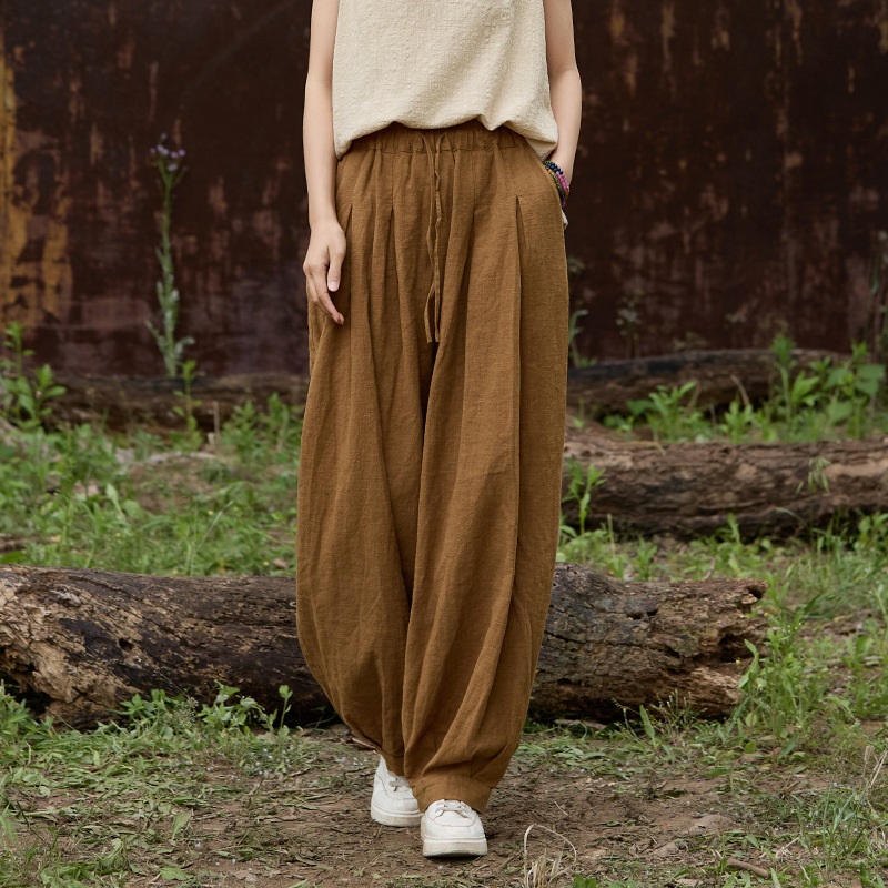 休閒時尚 · 「燈籠褲」苧麻砂洗鬆緊腰繫帶褲