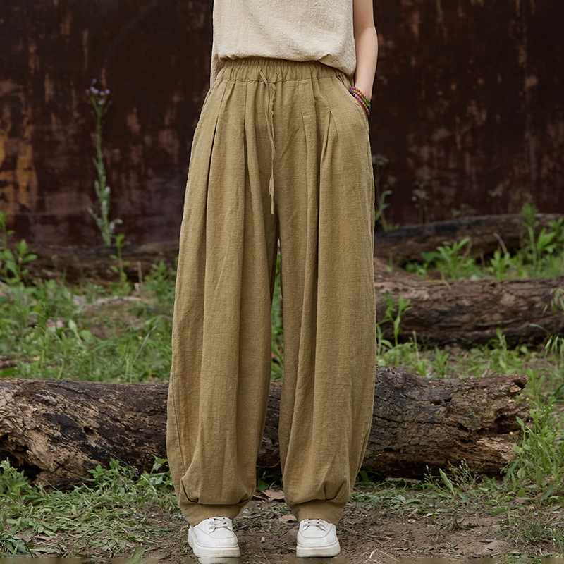 休閒時尚 · 「燈籠褲」苧麻砂洗鬆緊腰繫帶褲
