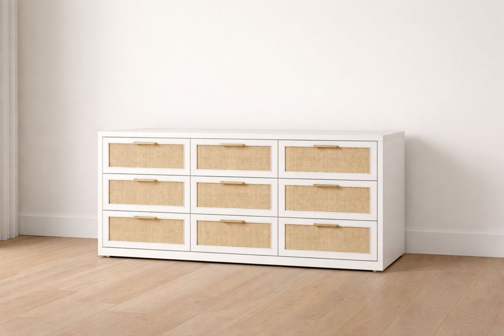 White Dresser with Woven Rattan Drawer Fronts 9-Drawer