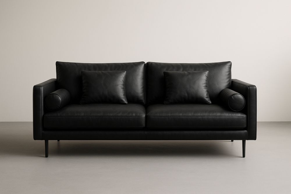 Black Leather Sofa with Cylindrical and Square Cushions