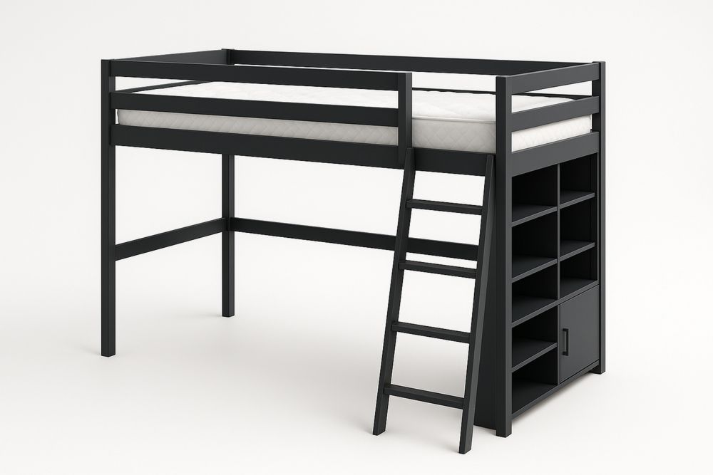 Black Metal Loft Bed with Ladder and Storage Shelves