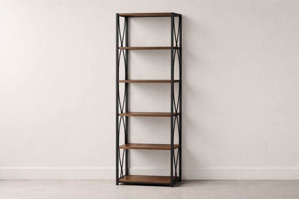 5-Tier Metal and Wood Bookshelf Black Frame Walnut Shelves 180x60x30cm