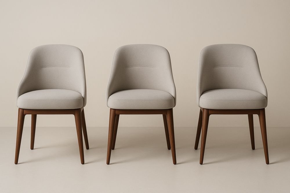 Set of 3 Beige Fabric Upholstered Dining Chairs with Wooden Legs