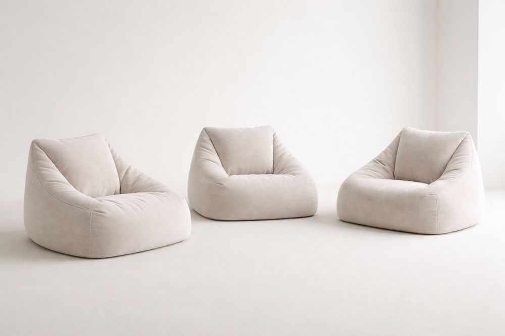 Set of 3 Beige Fabric Bean Bag Chairs