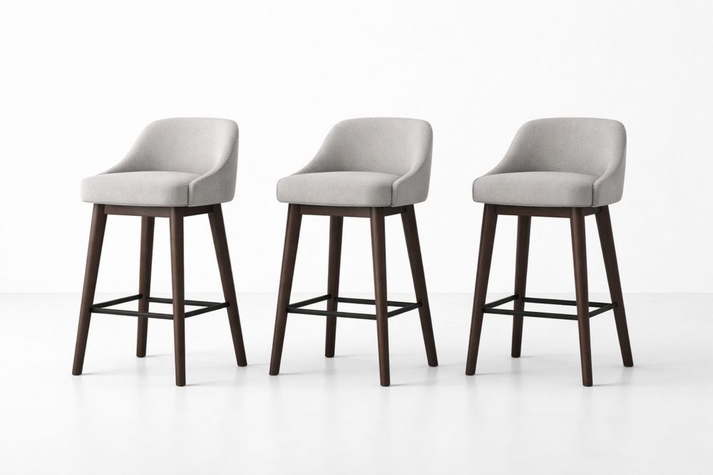 Set of 3 Fabric Upholstered Bar Stools with Wooden Legs Gray