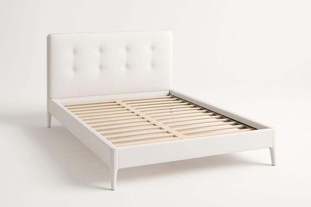Upholstered Bed Frame with Button Tufted Headboard in White Fabric