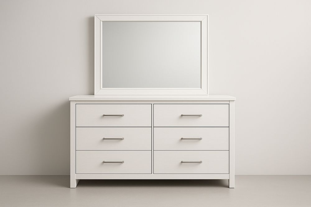 White Dresser with Mirror 6 Drawer Set MDF Silver Handles Rectangular