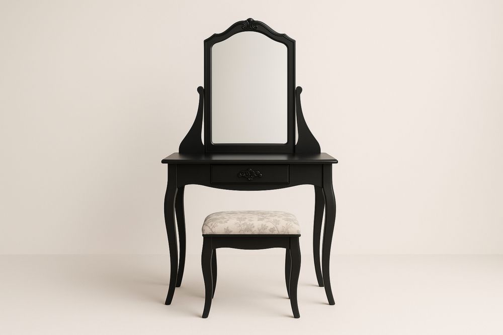 Black Wooden Vanity Set with Mirror and Upholstered Stool