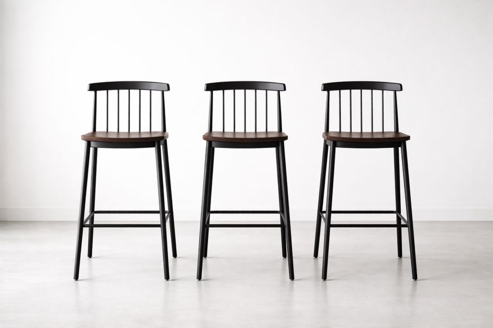 Set of 3 Bar Stools Metal Frame Wood Seat Black
