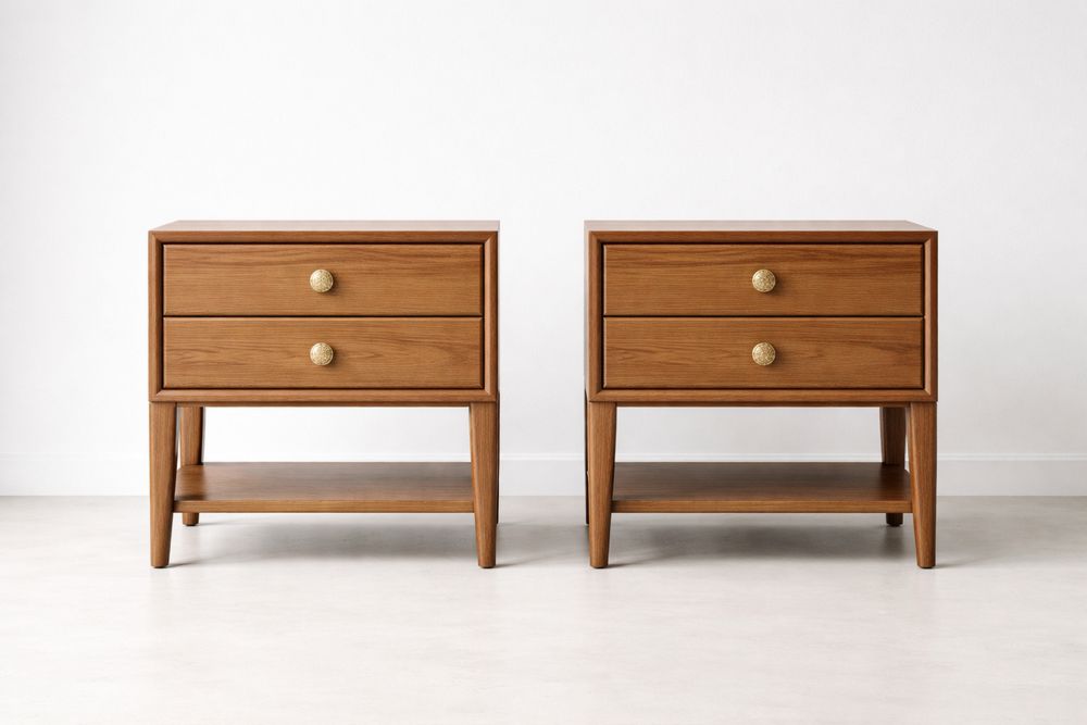 Set of 2 Wooden Nightstands with 2 Drawers and Open Shelf Oak