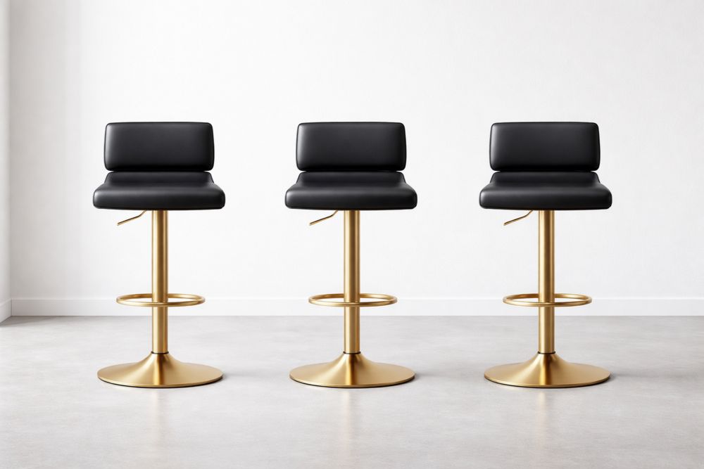 Adjustable Swivel Bar Stools Set with Black Faux Leather and Gold Metal Base