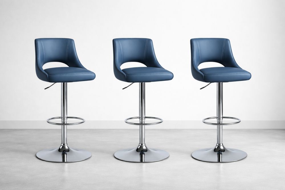 Adjustable Blue PU Leather Bar Stool Set with Chrome Base